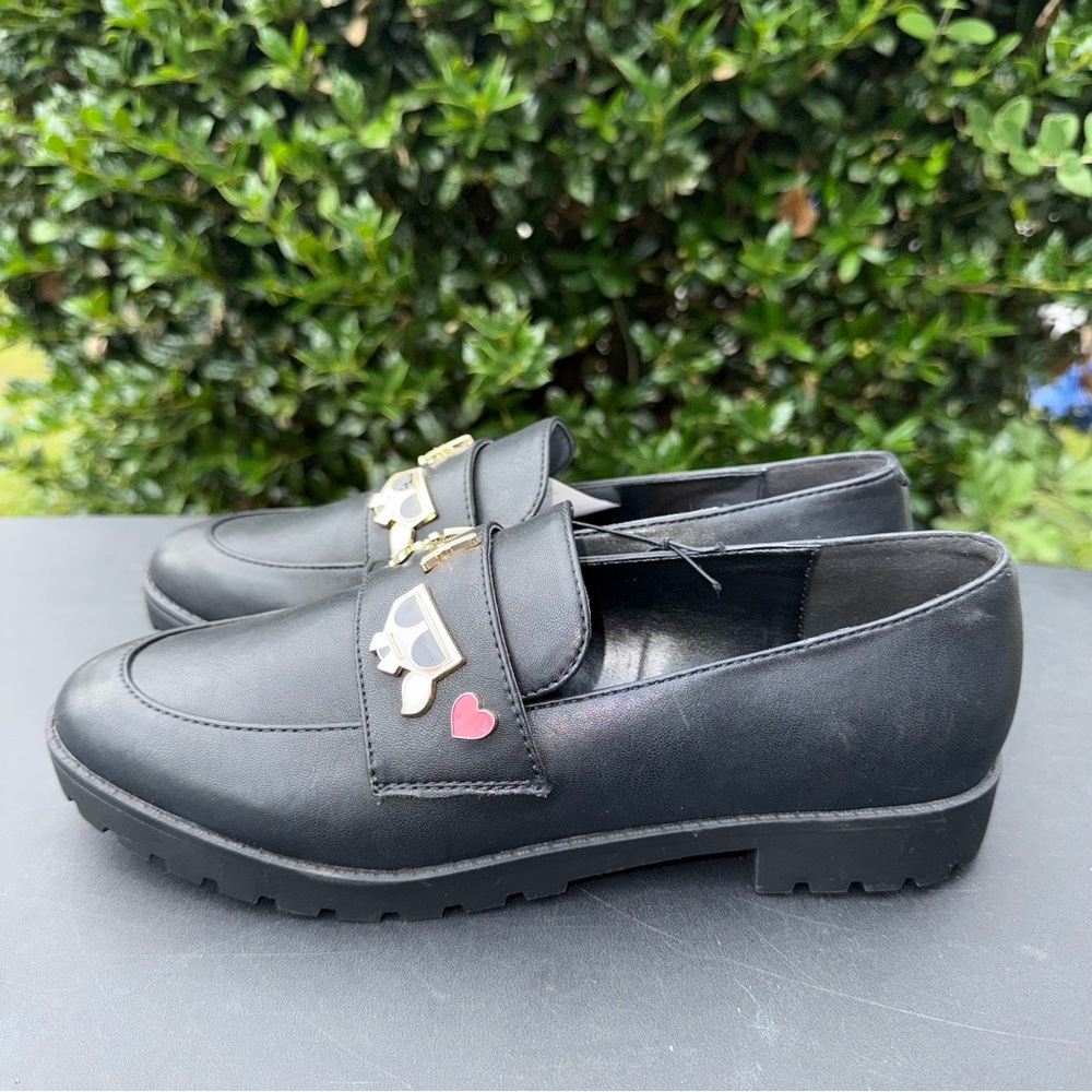 Karl Lagerfeld Black Leather Loafers with Gold Accents Women’s Size 8 NWT
